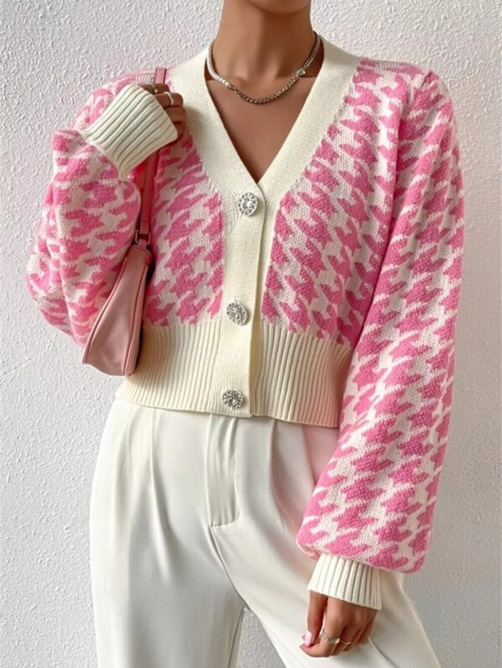Houndstooth V-Neck Button Up Cardigan - Picture 3 of 6